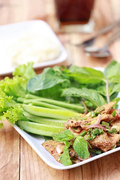 Gebratenes Schweinefleisch Würzigen Salat Von Thailändischen Lebensmitteln Stil Für Design — Stockfoto