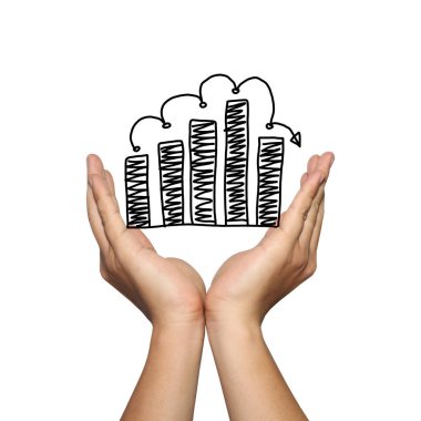 İş adamı grafik düşme eğilimi bar sembolü beyaz arka plan üzerinde izole, kuruluşunuzun tanıtım ya da reklam destek kavramı içinde el.