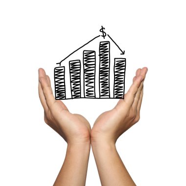 İş adamı grafik düşme eğilimi bar sembolü beyaz arka plan üzerinde izole, kuruluşunuzun tanıtım ya da reklam destek kavramı içinde el.