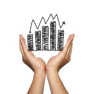 İş adamı grafik düşme eğilimi bar sembolü beyaz arka plan üzerinde izole, kuruluşunuzun tanıtım ya da reklam destek kavramı içinde el.