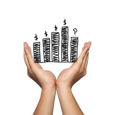 İş adamı grafik düşme eğilimi bar sembolü beyaz arka plan üzerinde izole, kuruluşunuzun tanıtım ya da reklam destek kavramı içinde el.