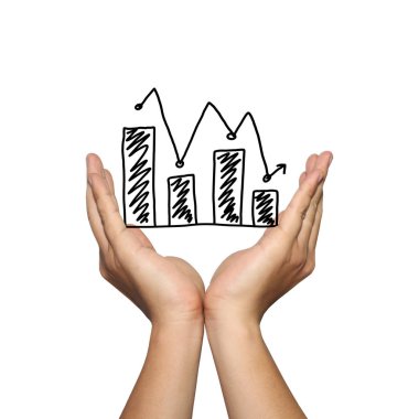 İş adamı grafik düşme eğilimi bar sembolü beyaz arka plan üzerinde izole, kuruluşunuzun tanıtım ya da reklam destek kavramı içinde el.