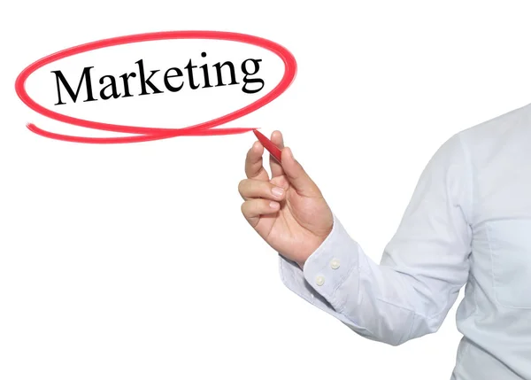 Hand Van Man Schrijven Tekst Marketing Met Zwarte Kleur Geïsoleerd — Stockfoto