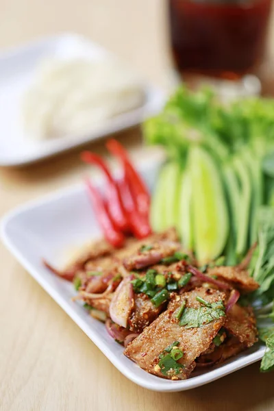 Gebratenes Schweinefleisch Würzigen Salat Von Thailändischen Lebensmitteln Stil Für Design — Stockfoto