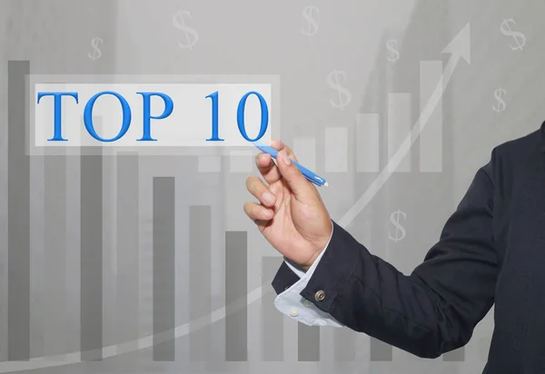 Keze Üzletember Írni Egy Szöveget Top10 Fogalmának Bemutatása Ötletek Üzleti — Stock Fotó