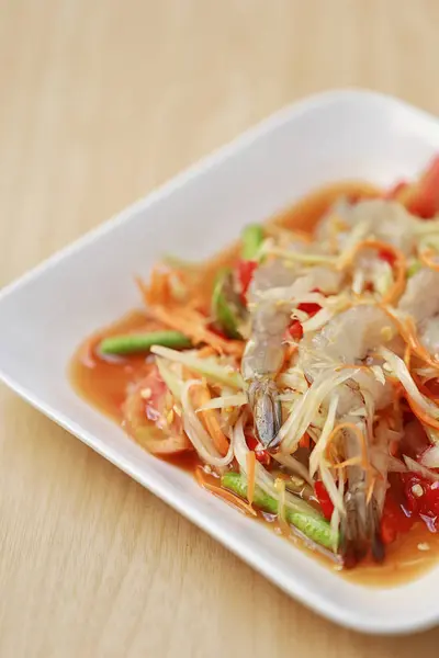 Som Tum Thaise Levensmiddelen Papaja Salade Met Verse Garnalen Pittige — Stockfoto