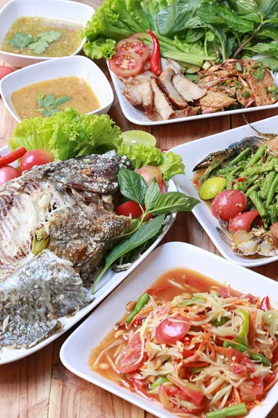 Mezcla Comida Tailandesa Suelo Madera Estilo Tailandés Para Fondo Dieta — Foto de Stock
