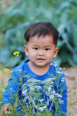 Sebze bahçesinde, Asya çocuk kavramı zekâ portre fotoğrafçılığı Tayland mutlu çocuk.