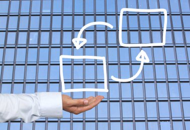 Beyaz el işadamı ve sk el çekilmiş boş dikdörtgen