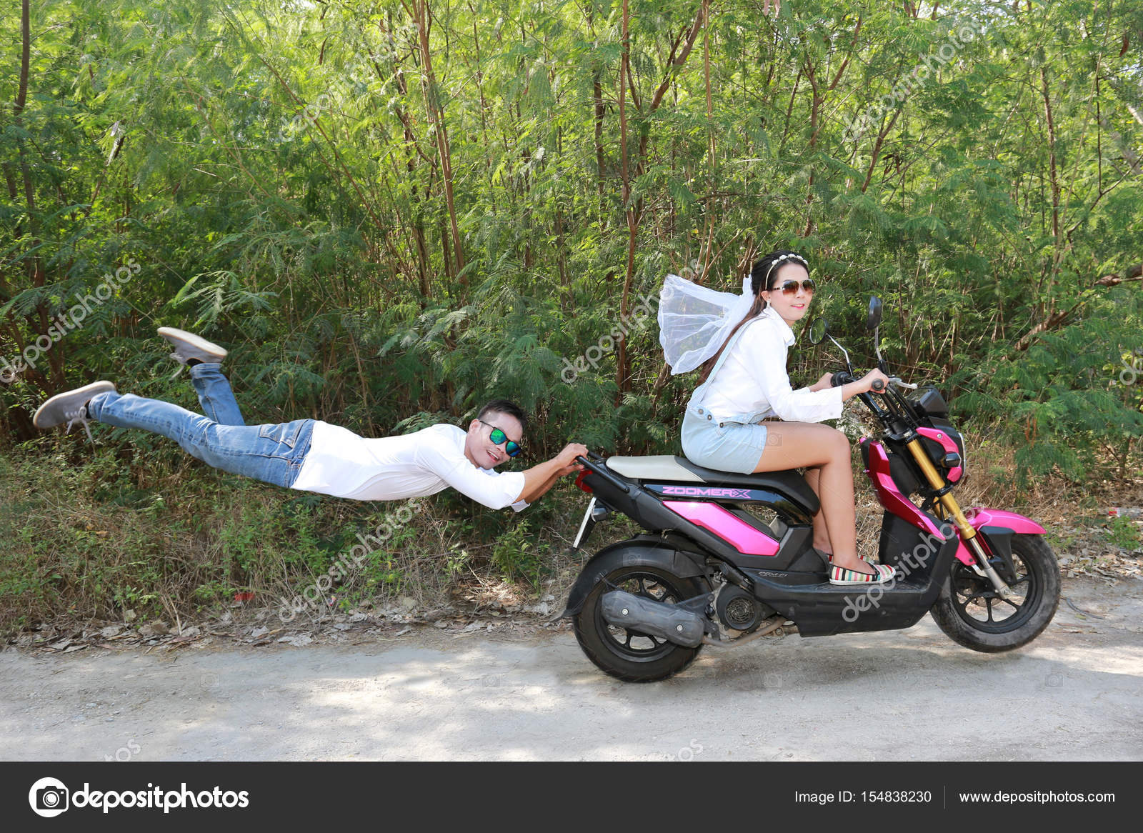 Asian Couples Taking Prewedding Photos In Concept Of Love Fun An