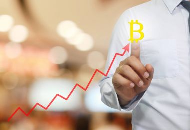 işadamı touche bitcoin iş grafiği içinde sembol el