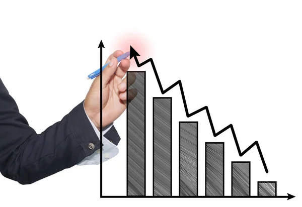 Mano del hombre de negocios utilizar pluma azul punto al gráfico superior y ar negro —  Fotos de Stock