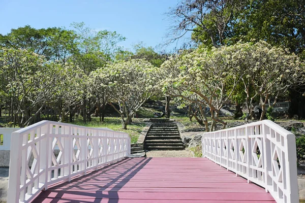 Oude houten vintage brug in de tuin van Koh Si Chang. — Stockfoto