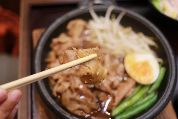 Pork rice with sauce in dish. — Stock Photo, Image