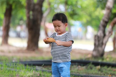 Asyalı çocuk çocuklar iki yaşlarında yaprak bahçesinde öğrenme.