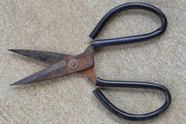 Old steel scissors placed on a concrete floor. — Stock Photo, Image