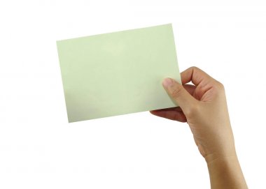 El wh izole bir boş yeşil kağıt Not tutan bir insan