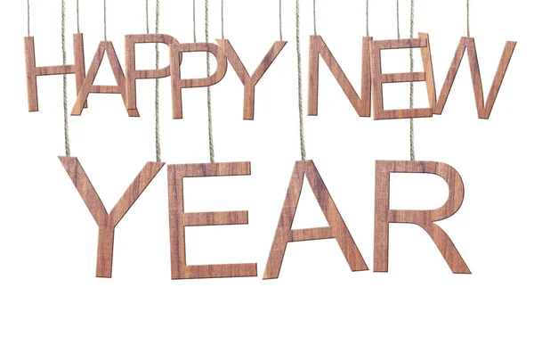 Tekst drewniane szczęśliwego nowego roku, wiszące na linach. — Zdjęcie stockowe
