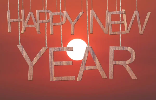 Drewniane szczęśliwego nowego roku tekstem wiszącym w lin na tle nieba — Zdjęcie stockowe