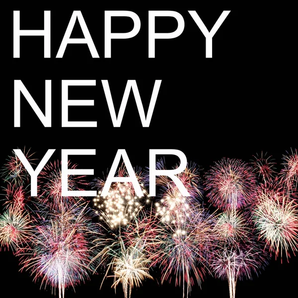Felice anno nuovo testo e fuochi d'artificio sfondo . — Foto Stock
