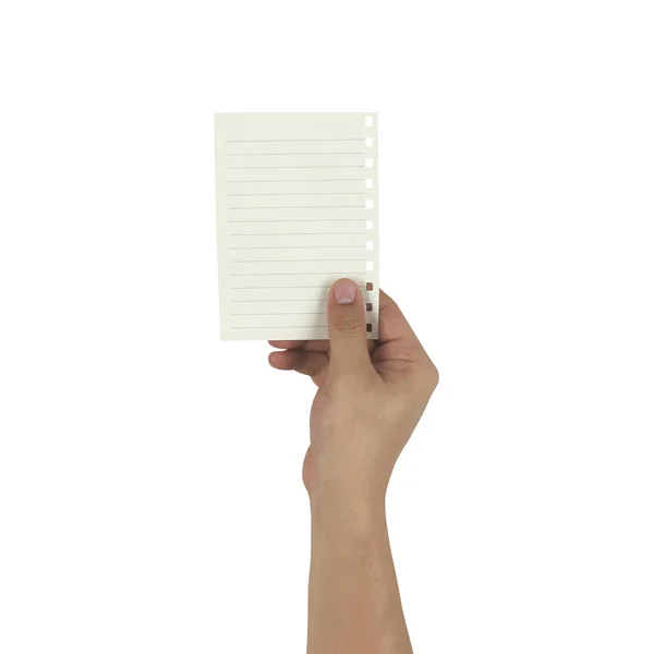 Mão do empresário segurando uma nota de papel vazia isolada em w — Fotografia de Stock