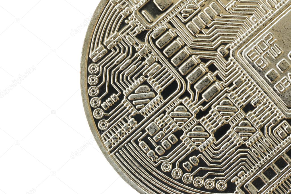 Bitcoin currency of silver medal isolated on white background.