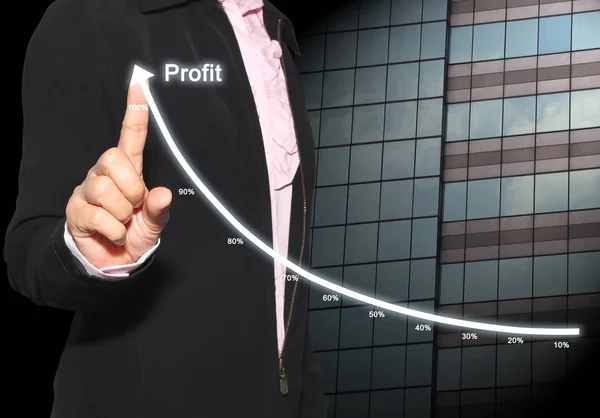 Hand of a businesswoman and profit text business graph on skyscr — Stock Photo, Image