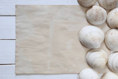 Eski kabuklar ve beyaz bir ahşap zemin üzerinde kahverengi vintage kağıt.