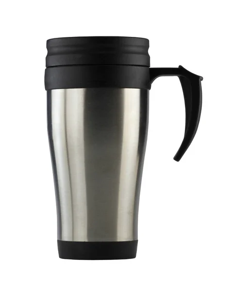 Mug of aluminum and have black handle isolated on white backgrou — Stock Photo, Image