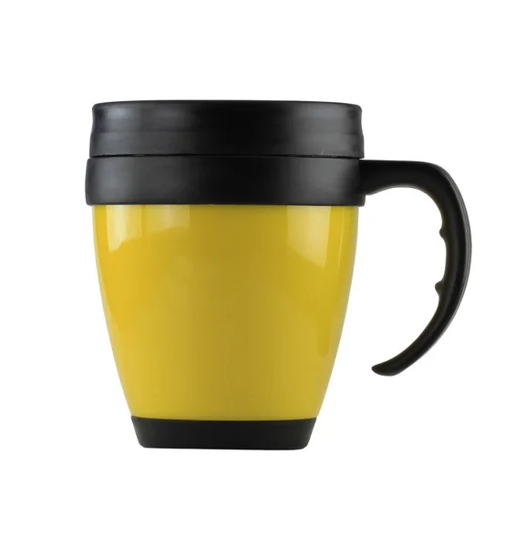 Yellow Mug of plastic and have black handle isolated on white ba — Stock Photo, Image