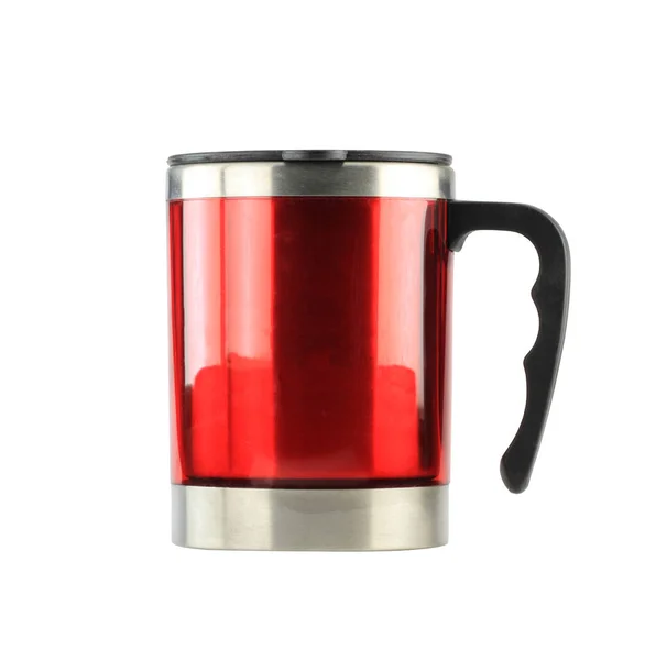 Red Mug of aluminum and have black handle isolated on white back — Stock Photo, Image