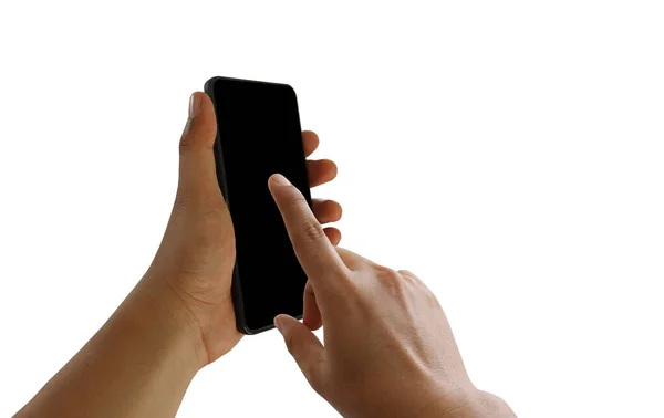 Hand man håller en tom smartphone isolerad på vit bakgrund — Stockfoto