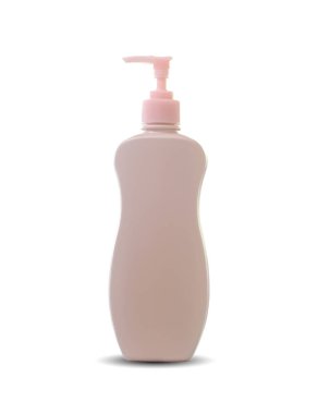 Beyaz arkaplanda izole edilmiş pembe boş plastik şişe.
