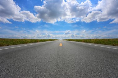 Asfalt yolu ve kırsal görünüm bir gündüz vakti.