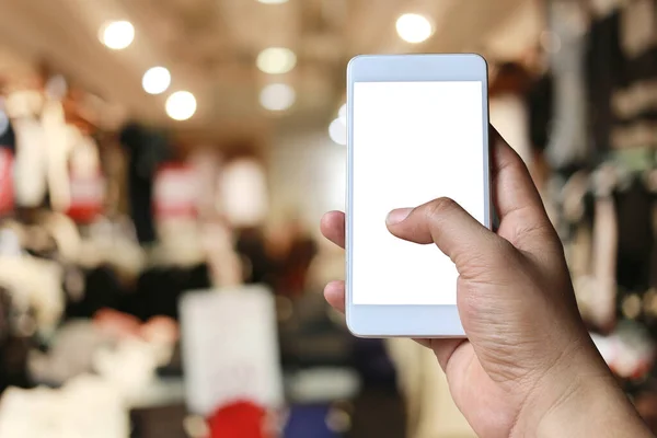 Mão Homem Segurando Dispositivo Smartphone Fundo Shopping Borrão Ter Espaço — Fotografia de Stock