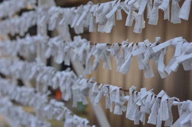 White folded paper with message inside hanging in Japanese temple in rows