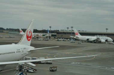 Narita Havaalanı, Tokyo, Japonya, 2020. Kırmızı logoyu gösteren bir askıda duran bir Japon havayolları uçağı. Nikko, Japonya 'nın Shinagawa, Tokyo merkezli uluslararası bir havayolu şirketidir.