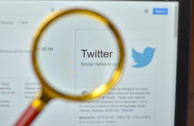 New York, ABD, 2020. Twitter logo ve web sitesi imzalama sayfası büyüteç kullanarak. Arka planda odak dışı dizüstü bilgisayar var. Sosyal ağı kabul et