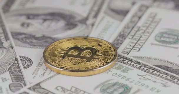 4k resolutie van een cryptogeld gouden Bitcoin munt op een honderd USD biljetten. Close-up, macro-opname - draaien in cirkel — Stockvideo