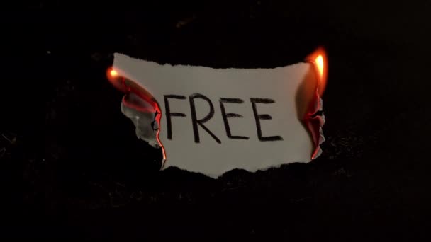 Das freie, auf weißem Papier geschriebene Wort brennt. Feuer mit Rauch und Asche auf schwarzem Hintergrund — Stockvideo