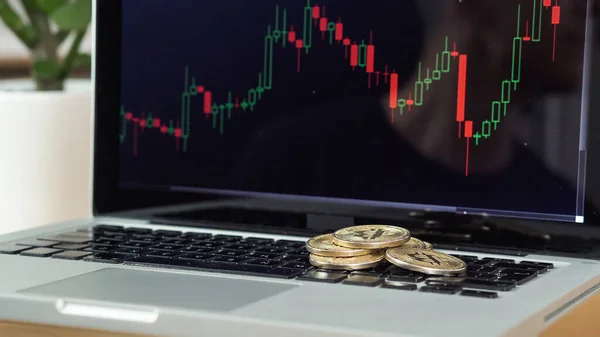 Bitcoin munten op een Laptop — Stockfoto