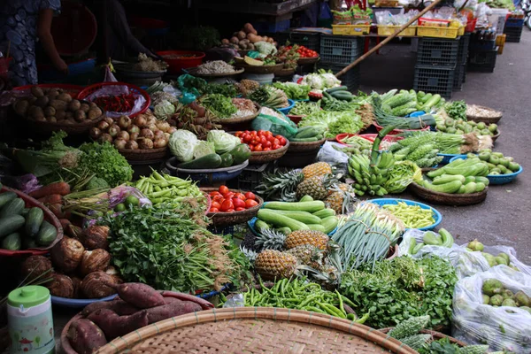 Produtos Frescos Mercado Local Kampot Mostra Vida Diária Cultura Camboja — Fotografia de Stock