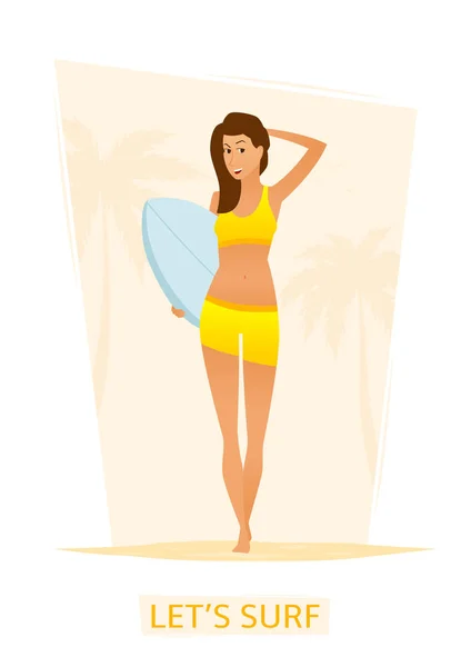 Surfista ragazza con tavola da surf sulla spiaggia — Vettoriale Stock