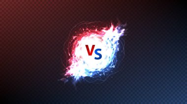 Enerji etkisine karşı sembol. Ateşli efektli parlak enerji topuna sahip vektör illüstrasyonu arkaplandaki renkte izole edildi. VS sembol şablonu.