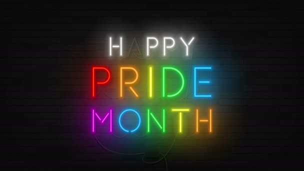 Happy Pride MonthちらつきネオンLgbtのシンボル プライドコミュニティの現実的な明るい点滅ネオンサイン 輝くテキストで休日のバナー 人権と寛容 — ストック動画