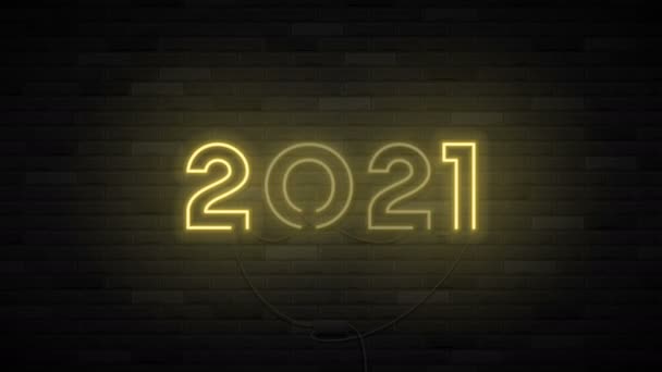 2021 Mutlu Yıllar Yanıp Sönen Neon Afişi Tuğla Duvarda Parlak — Stok video
