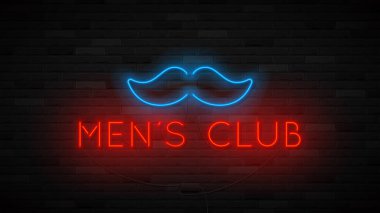 Neon erkek kulübü etiketi şablonu. Neon bıyıklı parlak sembol. Striptiz kulübü konsepti simgesi koyu tuğla duvarda izole edilmiş. Vektör illüstrasyonu.