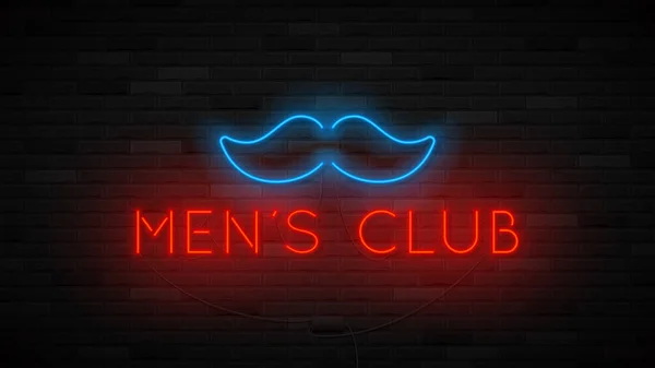 ネオンメンズクラブのラベルテンプレート ネオンの口ひげを持つ明るいシンボル 暗いレンガの壁に隔離されたストリップクラブのコンセプトアイコン ベクターイラスト — ストックベクタ