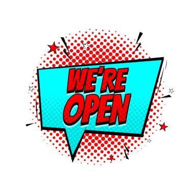 Komik konuşma baloncuğuna açığız. Beyaz arka planda izole edilmiş dinamik çizgi film sembolü. Pop sanat tarzında Vektör İllüstrasyonu.