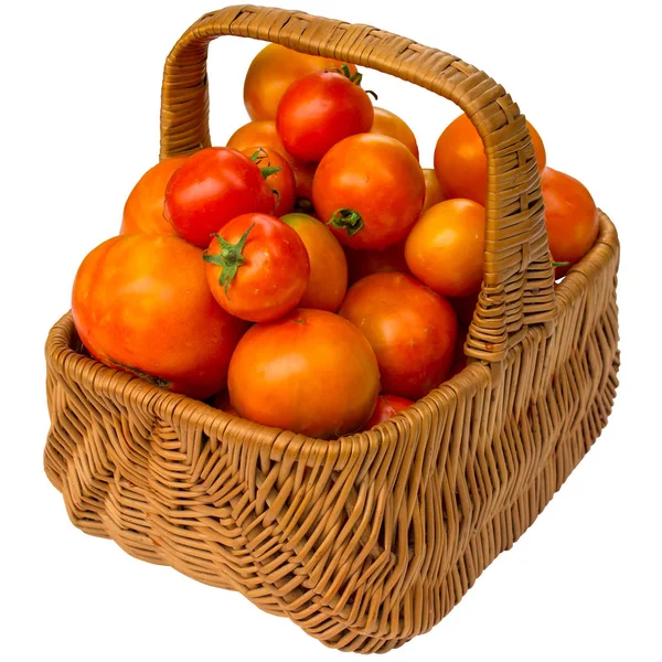 Čerstvá rajčata v košíku na bílém pozadí. — Stock fotografie